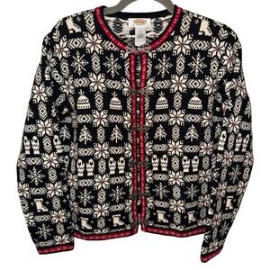 Vtg Talbots Nordic Christmas Cardigan Small Petite Black White Cotton Snowflake